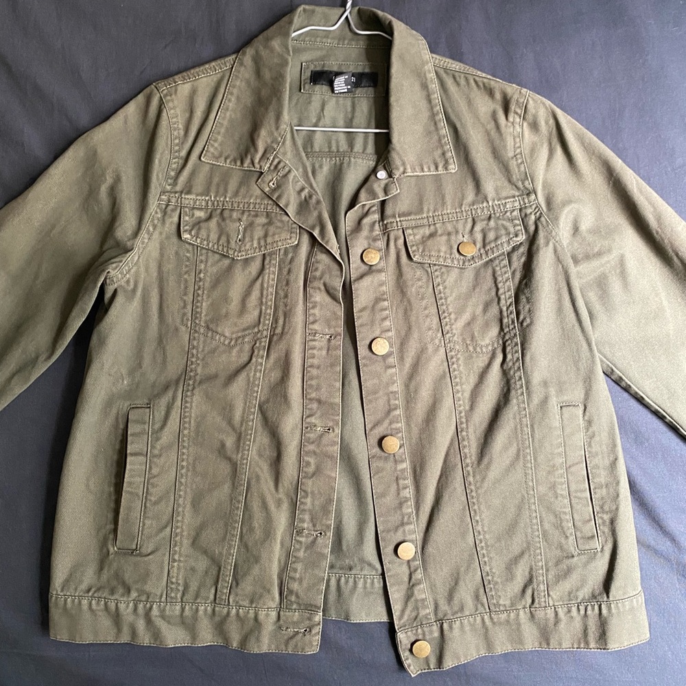 Navy green jean jacket.
